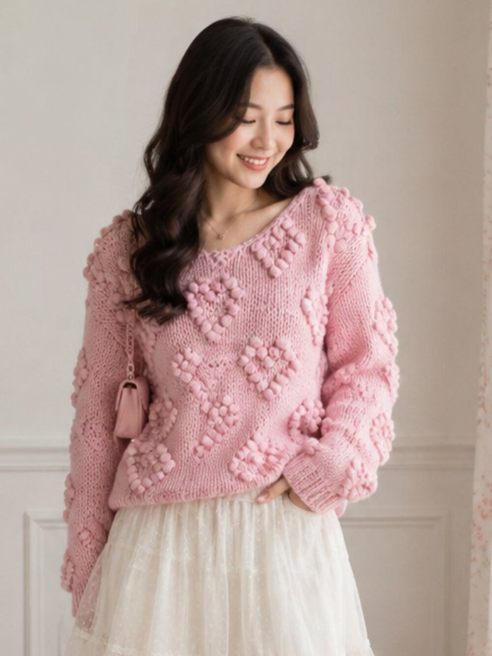 Chic Wish Handmade Wool Sweater Sz S/M Pink Heart Chunky Knit Pullover